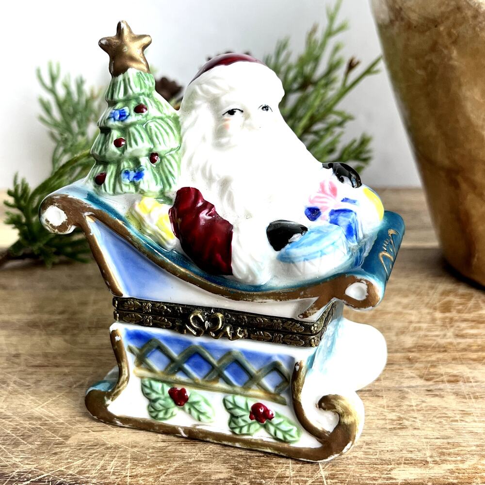 Porcelain Hinged Trinket Box Santa Sleigh Christmas Tree Toys Classic Keepsake